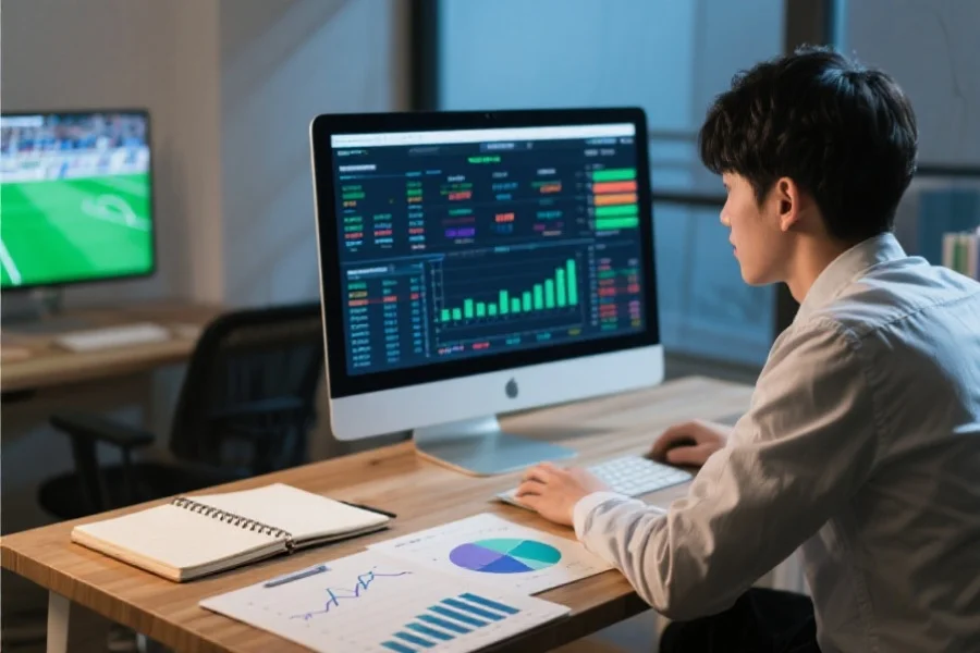 一位年轻人在电脑前分析体育赛事数据，桌上摆放笔记本与分析图表，展现专注与理性决策的氛围